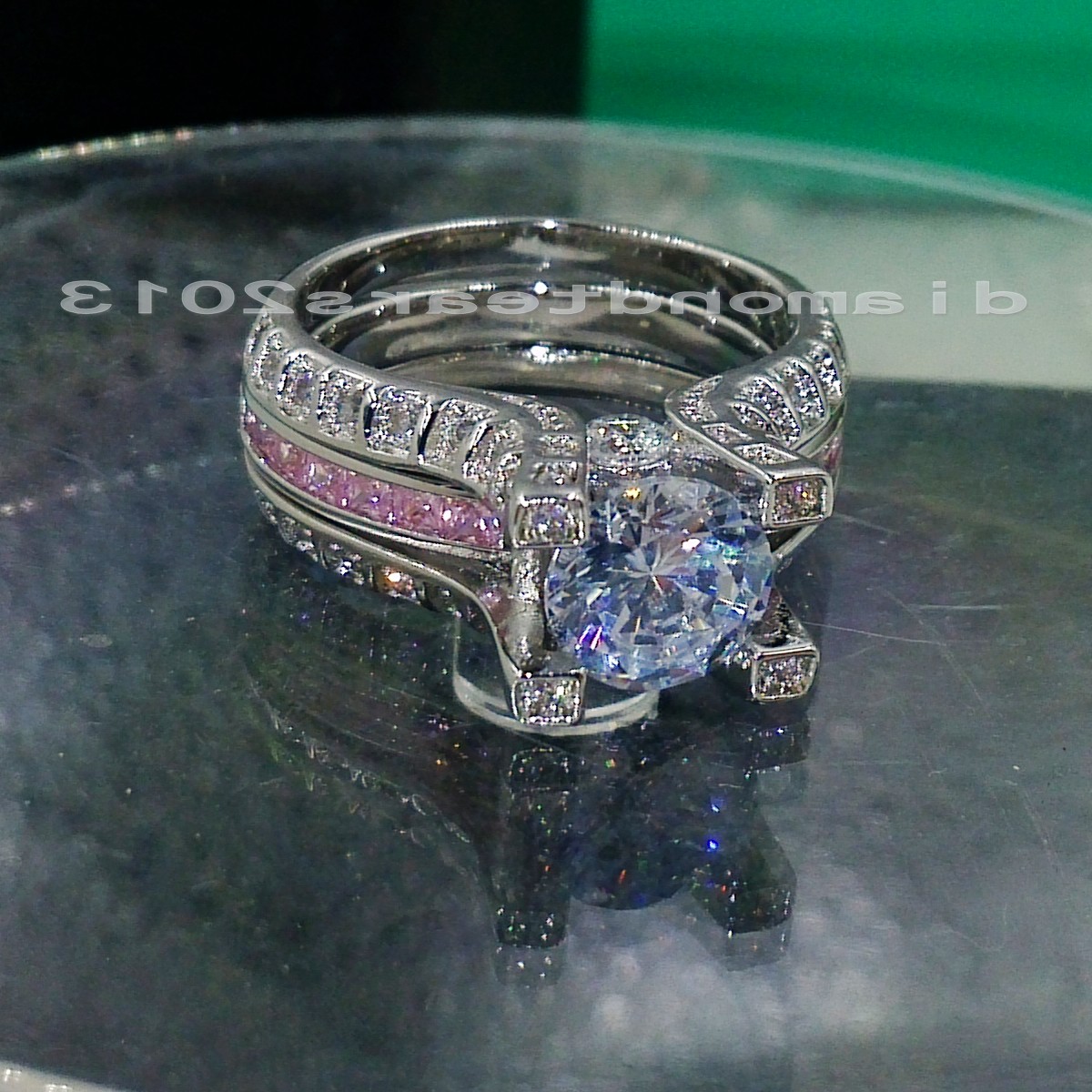 Retro 10K White Gold Filled Pink Sapphire Gem Engagement Ring Set | 5-10 US Sizes