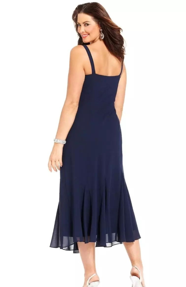 2022 Navy Blue Chiffon Tea Length Mother of the Bride Dresses with Jacket 3/4 Long Sleeves Beaded Plus Size Mother Groom Formal Evening Wear