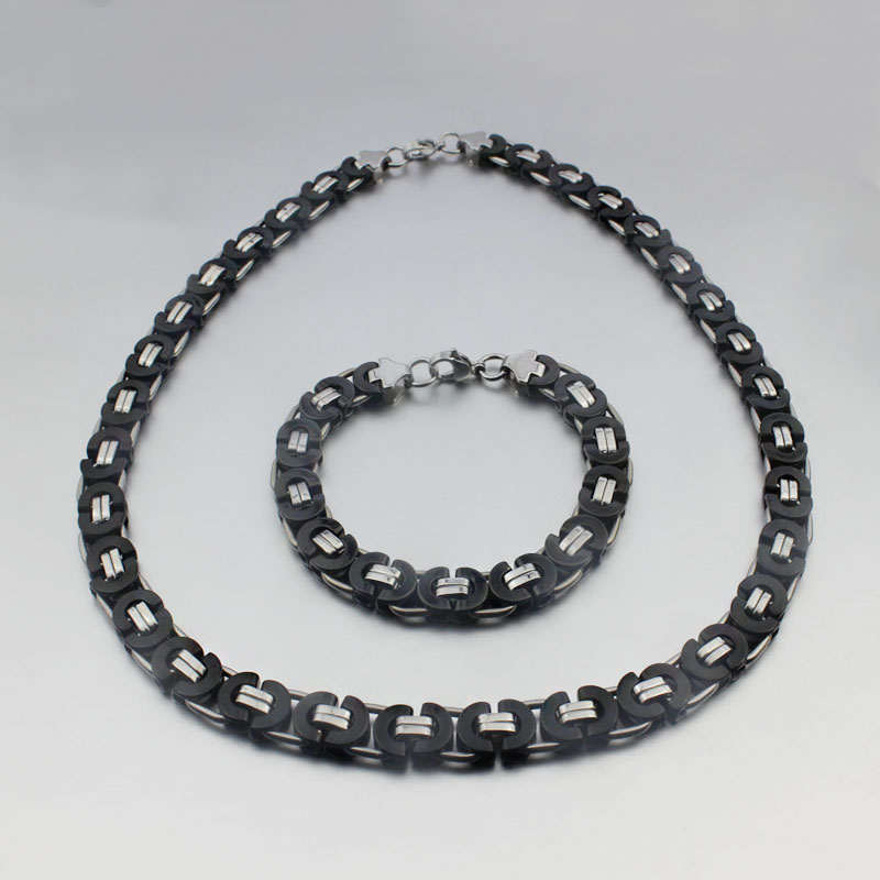 Best Quality Jewlery Set 8mm Black Silver Flat byzantine chain necklace & bracelet 316L Stainless Steel for Husband / Father Gift jewelry