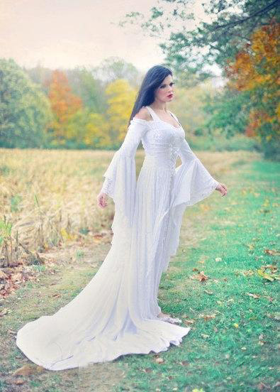 Fantasy Fairy Medieval Lace Up Plus Size Wedding Dresses Off Shoulder Bell Long Sleeves A Line Court Train Chiffon and Lace Bridal Gowns