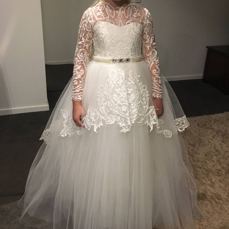 Real Picture Long Sleeve Girls Pageant Dresses Applique Floor Length Flower Girl Dress For Wedding Gown Kids Formal Dress Christmas Wear