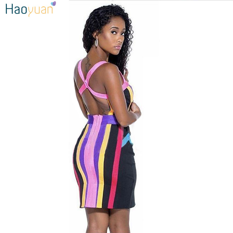 HAOYUAN Women Summer Sexy Dress Night Club Vestido V Collar Bandage Striped Dresses Backless Spaghetti Strap Tight Bodycon Dress q1110
