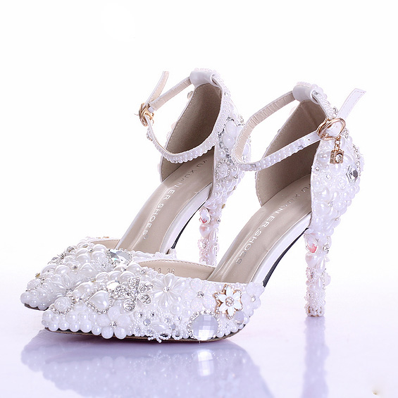 Crystal Beaded Bridal Shoes Pearl Pure Color Pointed Toe Bridal Heels Walking Comfortable High Heel Prom Shoe