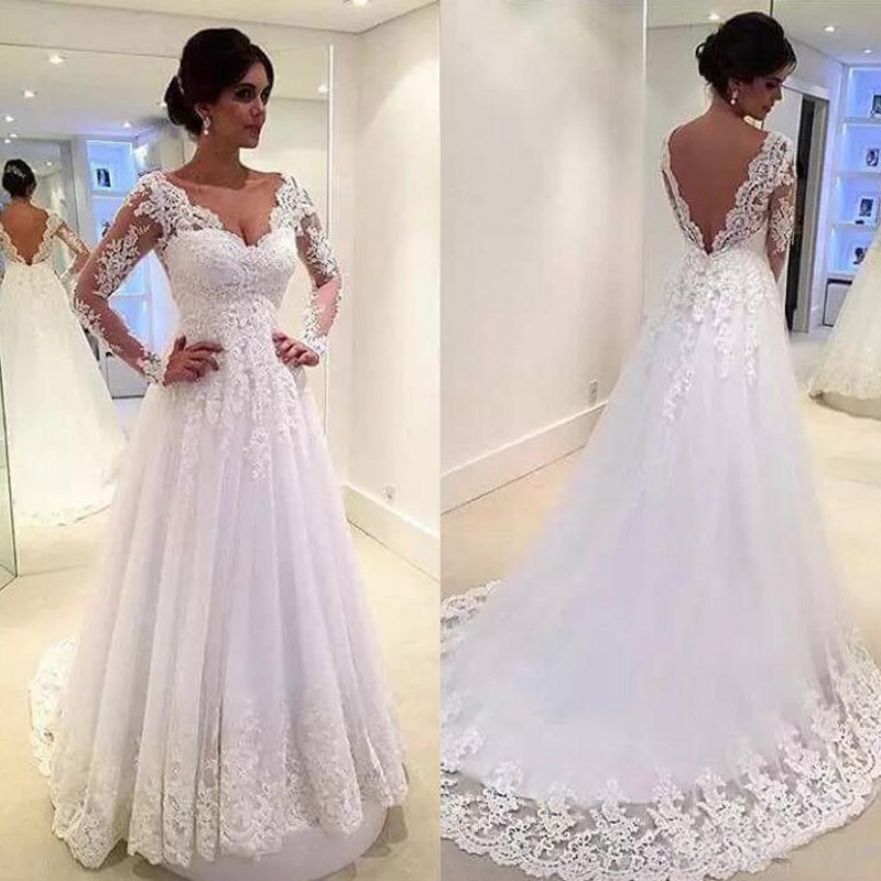 Elegant 2017 Illusion Long Sleeve Garden Wedding Dresses Modest V Neck With Lace Applique Tulle Long Bridal Gowns Custom Made China EN11222