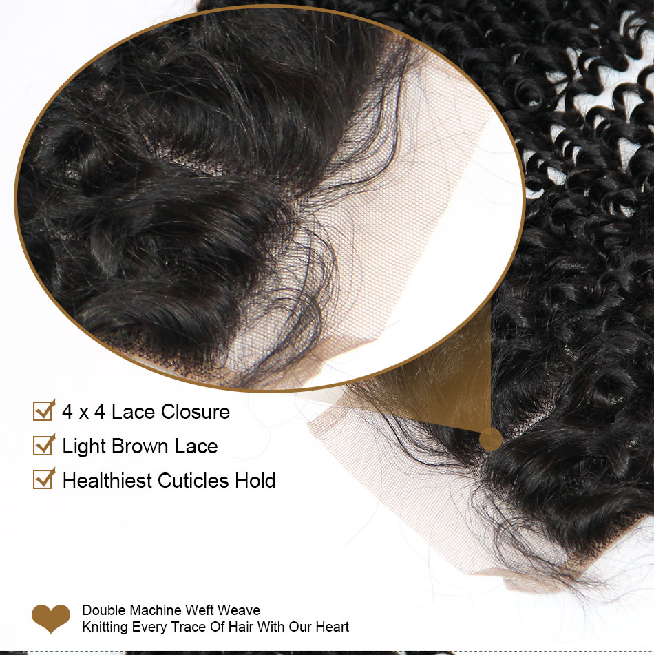 Mongolian Curly Lace Closure Free Middle Part Mongolian Virgin Human Hair Closure 4x4 Natural Black 130% Density Deep Kinky Curly Closures