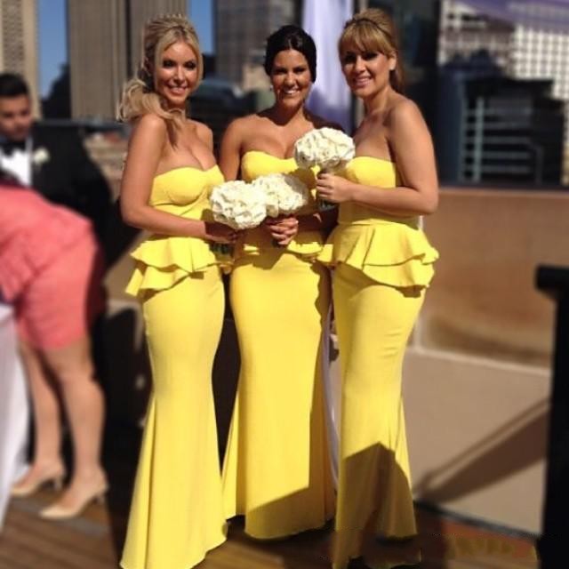 Elegant Real Image Bridesmaid Dresses Customed Long Sweetheart Bright Peplum Bridesmaids Dress Daffodil Evening Prom Party Gowns On Sale