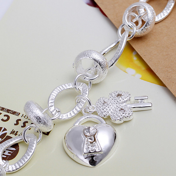 Hot sale 925 silver Hanging insets heart lock, flower spoon Bracelet DFMCH081,fashion 925 sterling silver plated Chain link bracelets