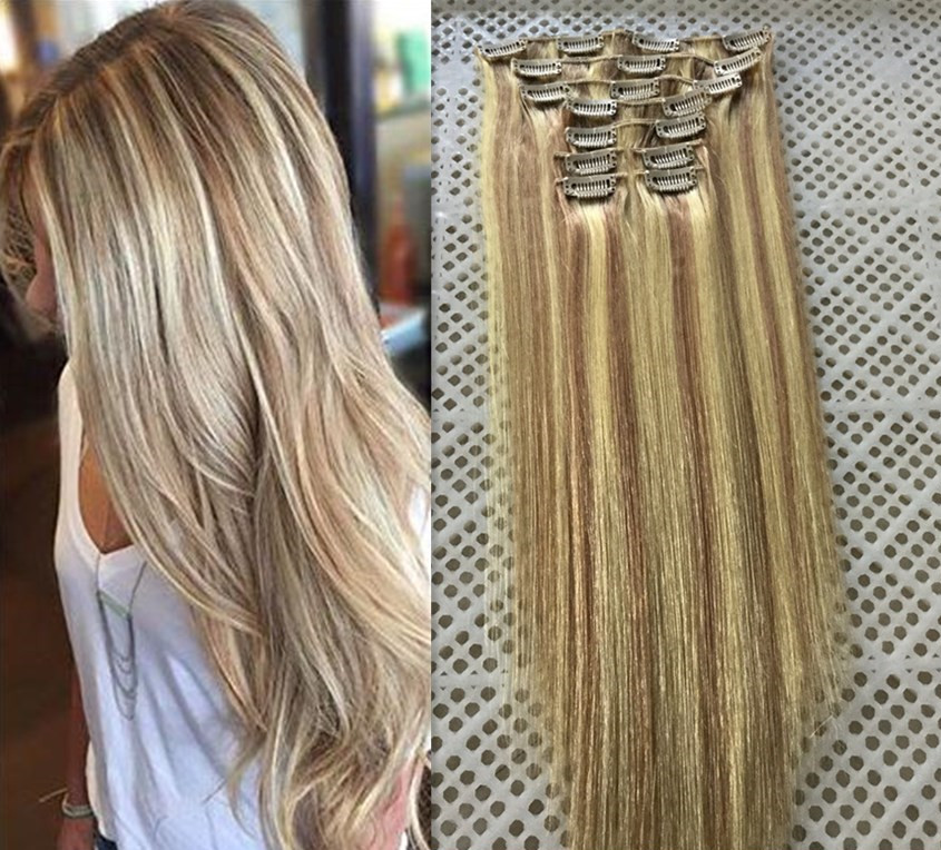 

14"-26" 9pcs/Set 18 Clips 100G 120G 140G Piano Color #18/613 Clip in Human Hair Extensions Brazilian REMY Clip in Hair Extensions