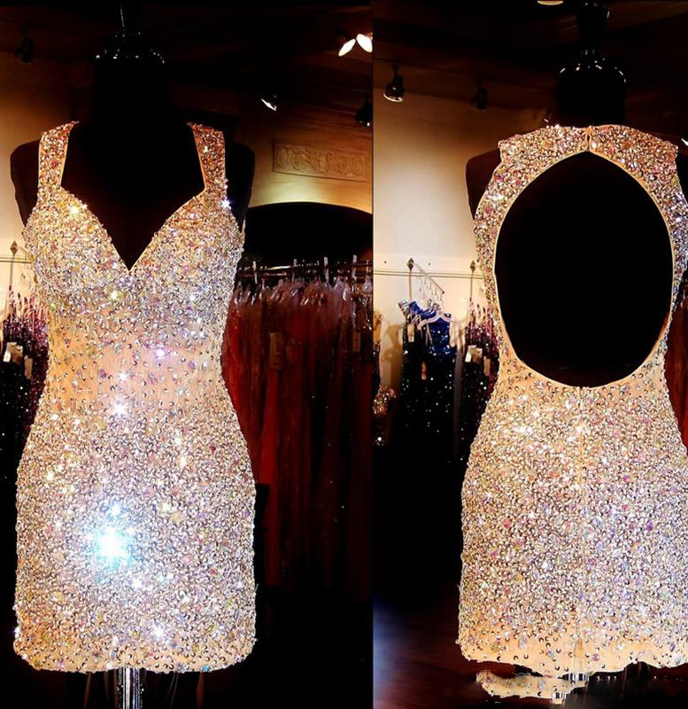 Shiny Crystal 2016 Short Prom Dresses Evening Wear 3 Colors Major Beading Backless Bling Bling Girl Prom Gowns Plus Size