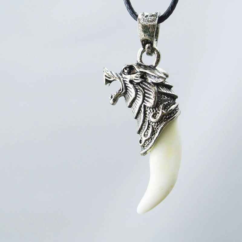 Men Antique Silver Tribal Stark Wolf Fang Tooth Pendant Necklace, Vintage Wolf Tooth Dragon Alloy Pendant Necklace ZMPJ180#C4