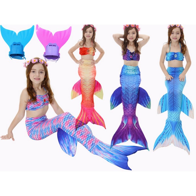 Cute 4pcs Set Baby Girls Swimming Mermaid Costume Outfit Bikini Swimwear with Mermaid Tail and Monofin Cosplay Clothing Holiday Swimsuit