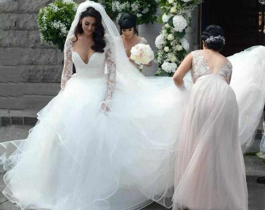 Elegant 2017 Lace Long Sleeve Ball Gown Wedding Dresses Tulle Sheer V Neck Tiered Long Bridal Gowns Custom Made China EN11105