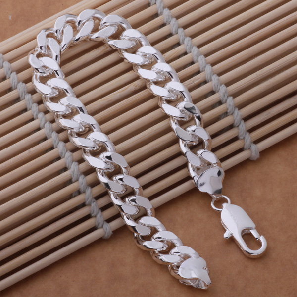 Free shipping trendy fashion high quality 925 silver Men's 12MM flat One Interval one Classic Bracelet jewelry holiday gift 1790