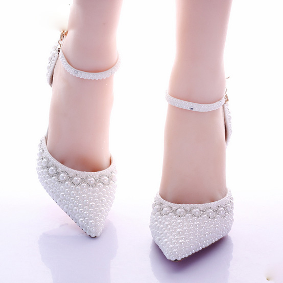 Crystal Beaded Bridal Shoes Pearl Pure Color Pointed Toe Bridal Heels Walking Comfortable High Heel Prom Shoe