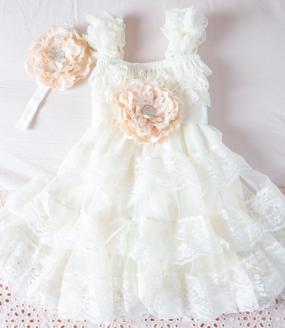 Ivory Lace Flower Girl Dress -Ivory Lace Baby Doll Dress/Rustic Flower Girl/-Vintage Wedding-Shabby Chic Flower Girl Dress