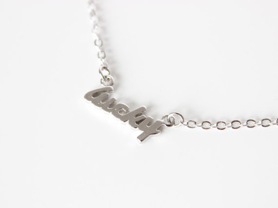 10PCS- N122 Gold Silver Simple Lucky Word Necklace Tiny Stamped Lucky Letters Necklace Good Luck Necklaces for Best Friends Gifts