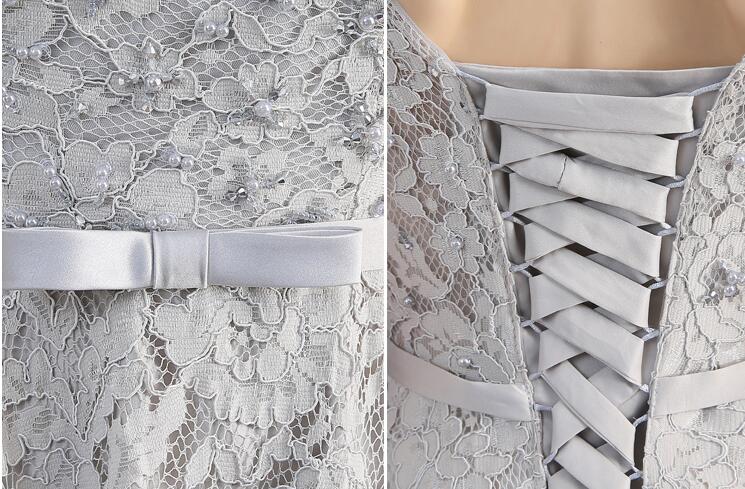 Fancy Light gray Lace Mother of the Bride Dresses Tea Length Scoop Lace-up Back Floral Lace with Beading Wedding Party Dresses Evening Gowns
