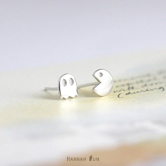 30Pair- S013 Gold Silver Pacman or Pac Man Stud Earrings Cute Ghosts Stud Earrings Game Fun Cartoon Earrings Stud for Girl
