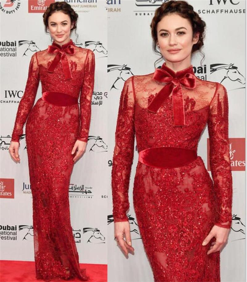 Modest Elie Saab Sheath Evening Dresses Sheer Classy Red Lace Applique Long Sleeve Red Carpet Formal Dresses Custom Made Prom Gowns