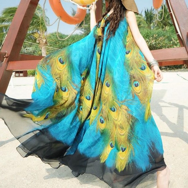 Fashion 2015 Summer New Long Section Chiffon Sleeveless Large Swing Peacock Print Dress Plus Size Bohemian Beach Dress Vestidos FG1511