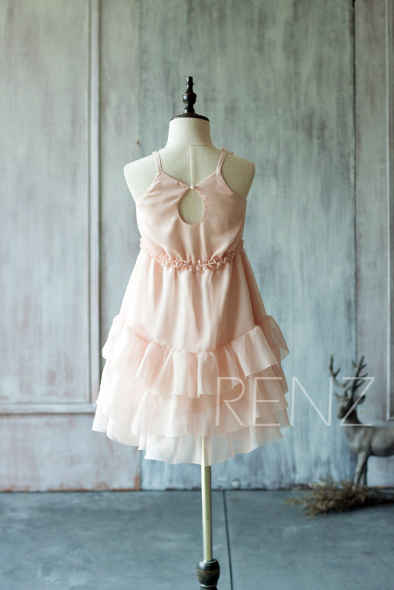 2020 Blush Pink Junior Bridesmaid Dress, Ruffle Flower Girl Dress, Rosette dress, Floor length, Floral Headdress