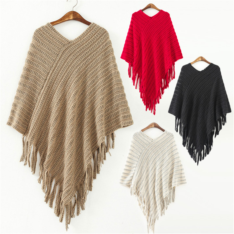 New Winter Fashion Women V Neck Batwing Stripes Pullover Knit Poncho Tassels Sweater Tops Irregular Shawl Poncho Beige/Black/Red/Khaki
New Winter Fashion Women V Neck Batwing Stripes Pullover Knit Poncho Tassels Sweater Tops Irregular Shawl Poncho Beige/Black/Red/Khaki