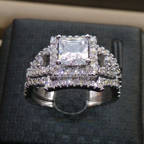 Princess Cut Sterg Sier Topaz Wedding Ring Set for Women, Christmas Jewelry Gift