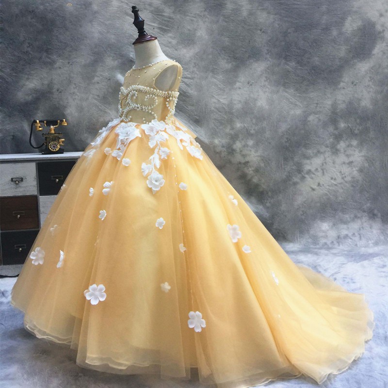 pearls major beading floor length jewel custom made light yellow color kids formal wear applique flower girl dresses