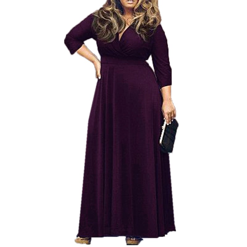 L-6XL New 2015 Zanzea Fashion Elegant Women Dress Spring Autumn 3/4 Sleeve Sexy V-Neck Big Hem Maxi Long Party Dresses Vestidos FG1511