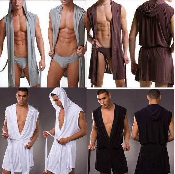 Wholesale-Fashion men casual sexy fitness slik bathrobe sleeveless robe underwear sex Lungewear series 4 colour S , M ,L