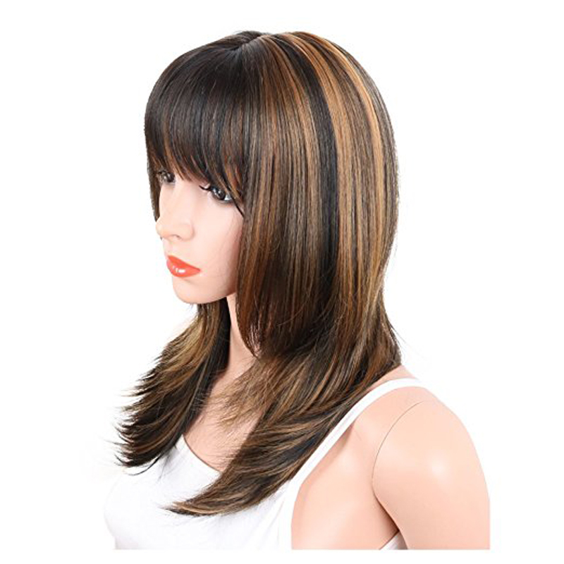 14" Women's Short straight Synthetic Wigs With Bangs Natural Black/Brown Wigs for Women Heat Resistant