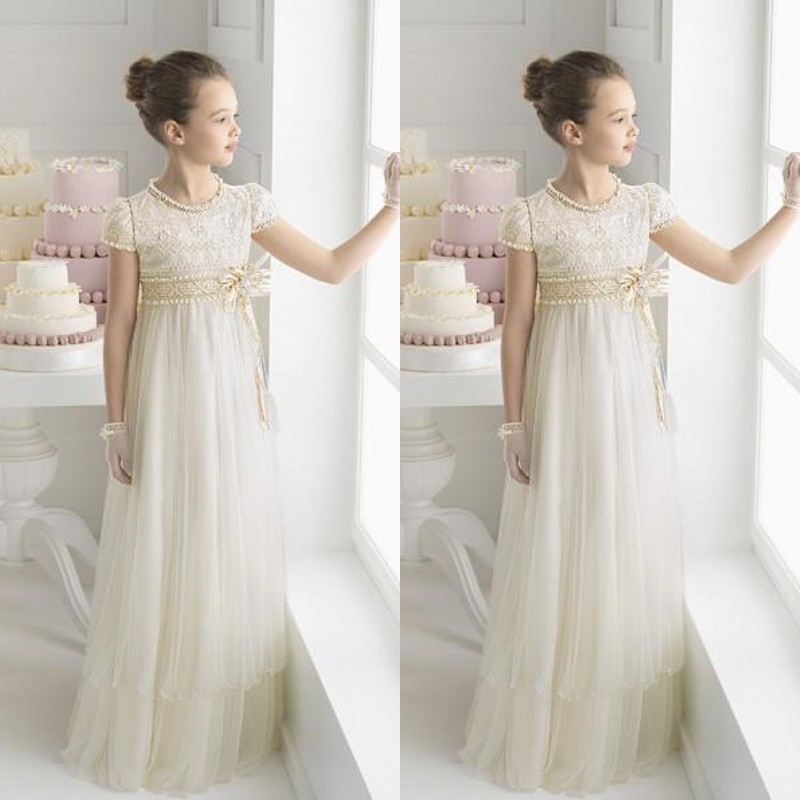Full Length Communion Dress Long Flower Girl Dresses Jewel Neckline Capped Short Sleeves Lace Top Handmade Flowers Ribbon Wedding Party, Champagne
Full Length Communion Dress Long Flower Girl Dresses Jewel Neckline Capped Short Sleeves Lace Top Handmade Flowers Ribbon Wedding Party, Champagne