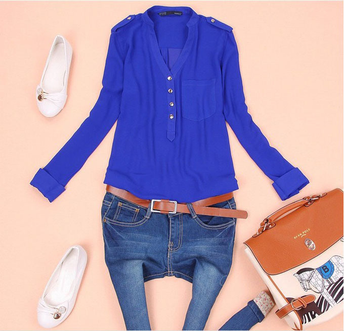 New 2014 Summer women tops and blouses V neck long sleeve chiffon tops shirt blouse plus size Amazing blouse .