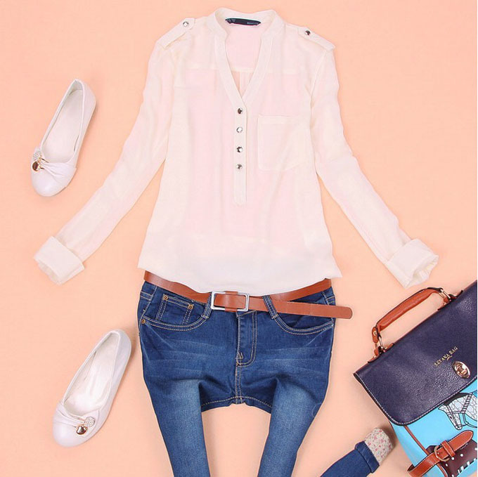 New 2014 Summer women tops and blouses V neck long sleeve chiffon tops shirt blouse plus size Amazing blouse .