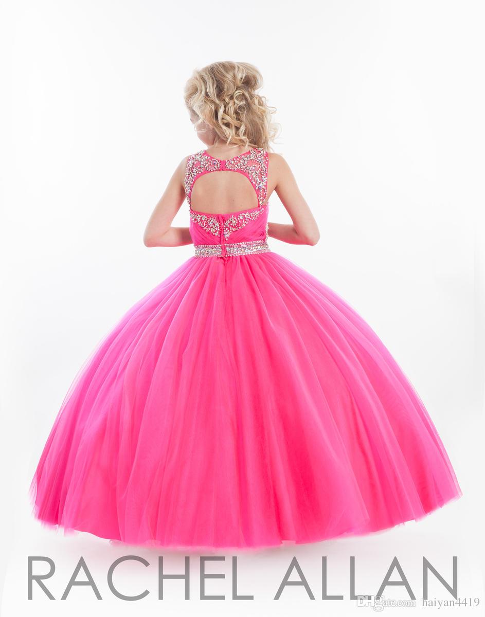 Rachel Allan Girls Pageant Dresses For Teens Illusion Neck Crystal Beades Fushia Long Keyhole Back Size 13 Party Children Flower Girl Gowns