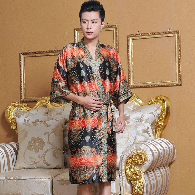 Wholesale-Summer faux silk robe male bathrobe half sleeve silk men sleepwear fashion short-sleeve robe free shipping
