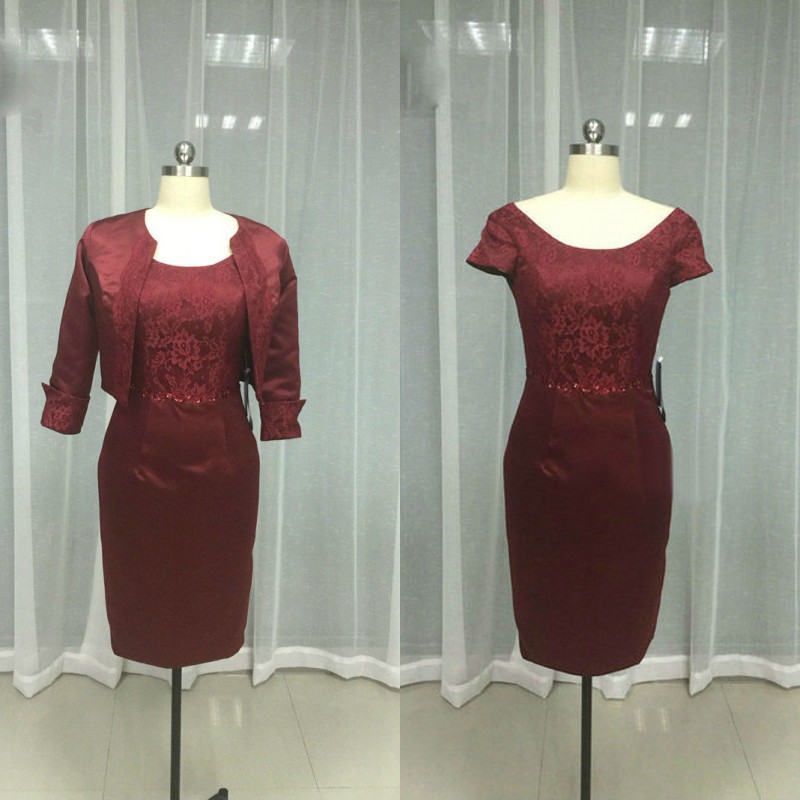 Real Photos 2017 Burgundy Lace Satin Knee Length Mother Of The Bride Dresses With 3/4 Long Sleeve Jackets Formal Dress Custom EN112112
Real Photos 2017 Burgundy Lace Satin Knee Length Mother Of The Bride Dresses With 3/4 Long Sleeve Jackets Formal Dress Custom EN112112