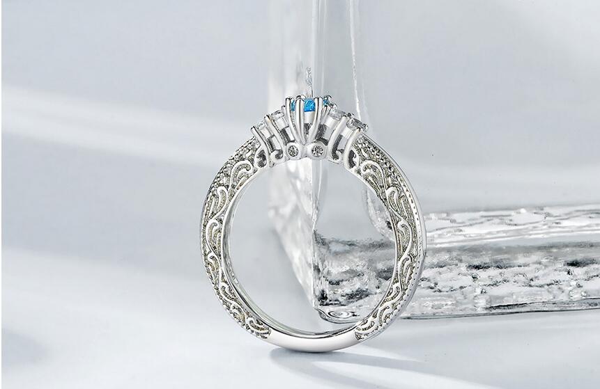 Sterg Sier Pear Aquamarine Gemstone Zirconia Decorative Pattern Ring for Women