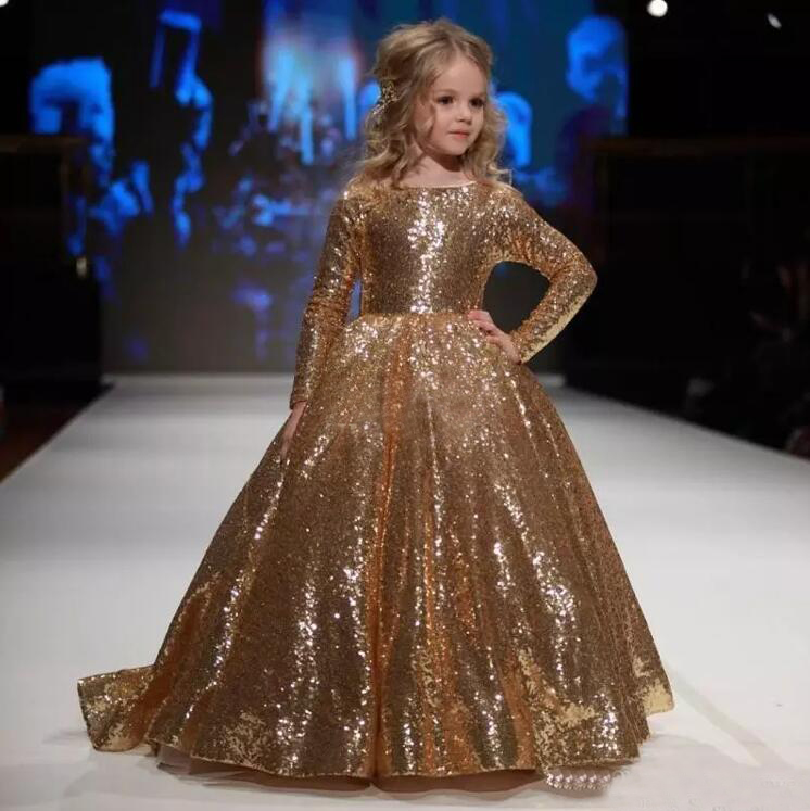 Sparkly 2019 Gold Sequined Ball Gown Flower Girl Dresses with Long Sleeve Kids Pageant Dresses For Wedding Birthday Party Christmas EN112213