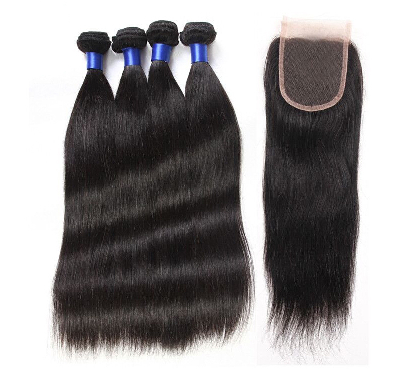 Brazilian Straight Human Virgin Hair Weaves With 4x4 Lace Closure Bleached Knots 100g/pc Natural Black Color 1B Double Wefts Hair Extensions