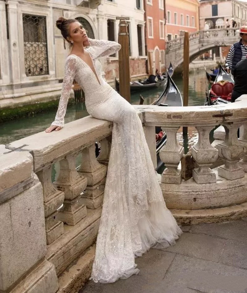 Vintage Full Lace Berta Wedding Dress Sexy Backless Mermaid Sheer Long Sleeves Plunging V Neck Custom Made Wedding Gowns