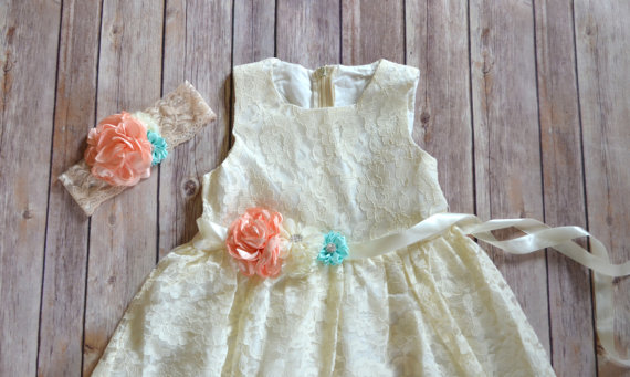 Clothes Roupas Infantis Menino Baby Clothes Coral Mint Ivory Lace Flower Girl Dress Headband Set, Wedding Dress, Wedding, Vintage Style