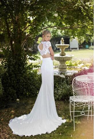 2017 Summer Chiffon Beach Wedding Dresses Mermaid High Neck Lace Bodice Two Piece White Front Slit Backless Bridal Gowns