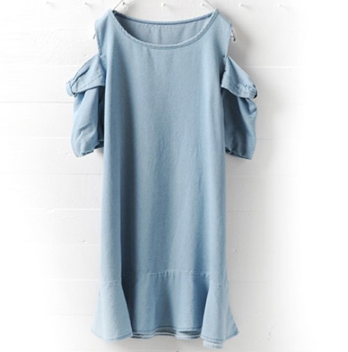 2015 Summer New Fashion Plus Size Strapless Lotus Sleeve Round Neck Short Sections Dress Women's Solid Denim Dress Free Shipping FG1511