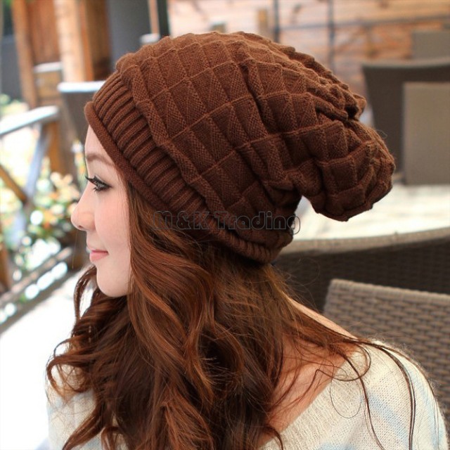 Winter White Ivory Thick Slouchy Knit Oversized Beanie Cap Hat Diamond Checked Weave Hats 4 Colors