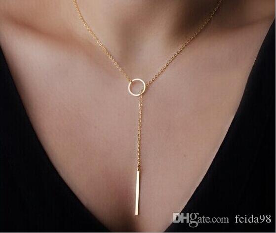 Romantic Women Accessories Hot Fashion Gold Plated Metal Chain Bar Circle Lariat Necklace Long Strip Pendant Necklaces Jewelry EH093