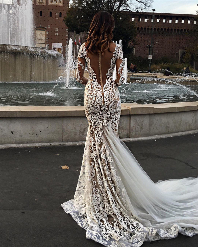 V Neck Long Sleeve Bohemian Wedding Dresses Illusion Sweep Train Lace Applique Mermaid Wedding Dress Plus Size Sexy Beach Bridal Gown