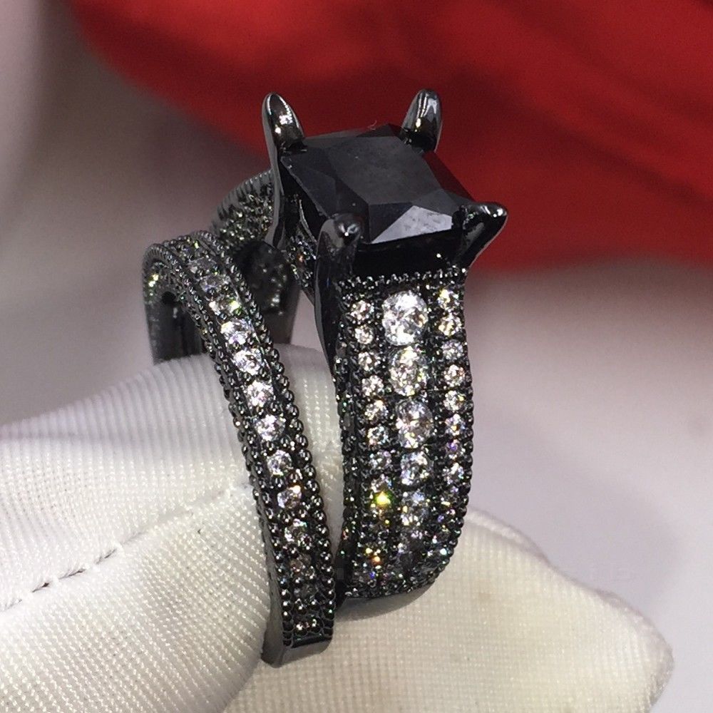 Size5/6/7/8/9/10 Victoria Weick VJewelry 14kt black gold filledblack sapphire Zirconia gold Women Wedding Engagement Bridal Ring set gift