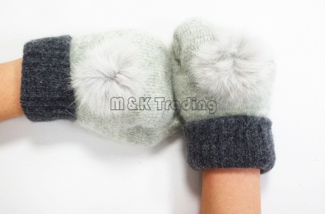 Woolen Gloves Warm And Soft Winter Ladies Mittens Solid Color Grace Rabbit Fur Ball Double Layer Match Colors 10pcs
