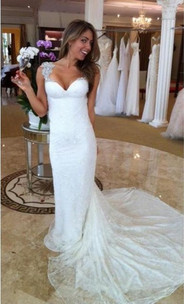 Mermaid Long Wed Wedding Dress White Sweetheart Tank Sleeveless Floor Length Court Train Bridal Gown Beading Backless Lace Wedding Dresses